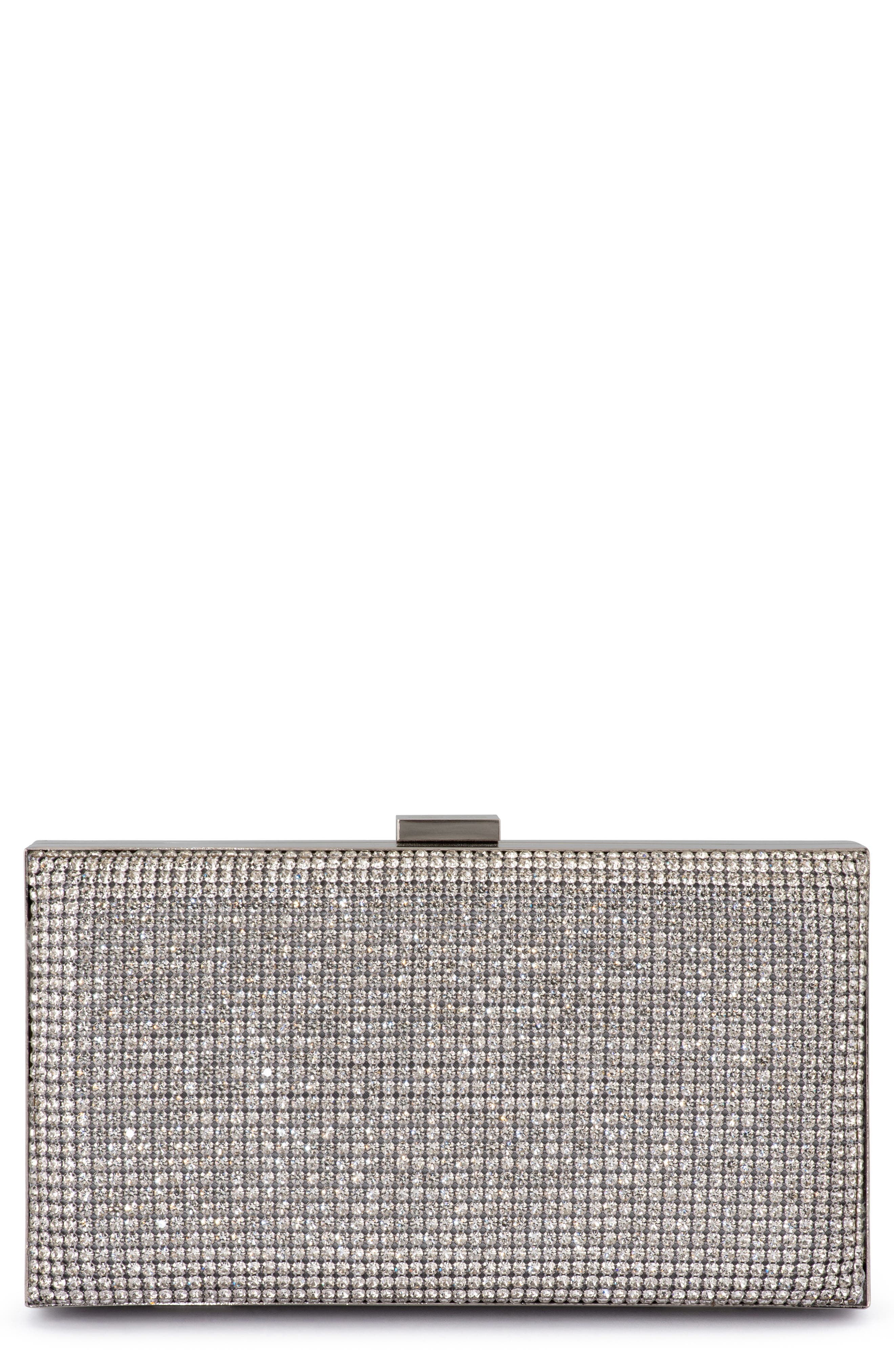 Olga Berg Stef Crystal Box Frame Clutch, Main, color, Silver