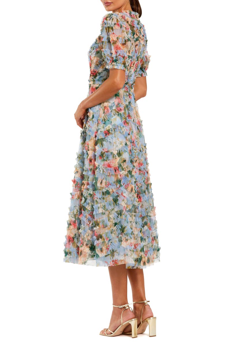Mac Duggal Women's Floral Printed Mesh Ruffle High Neck Midi Dress, Alternate, color, Blue Multi