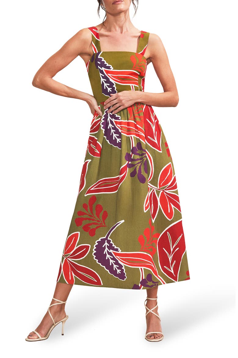 Leaf Printed Cotton Dress, Alternate, color, Green