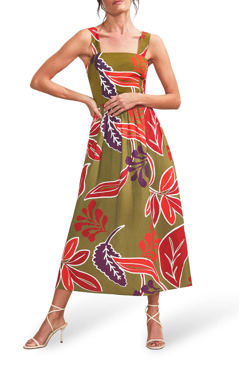 Ro&Zo Leaf Printed Cotton Dress, Alternate, color, Green