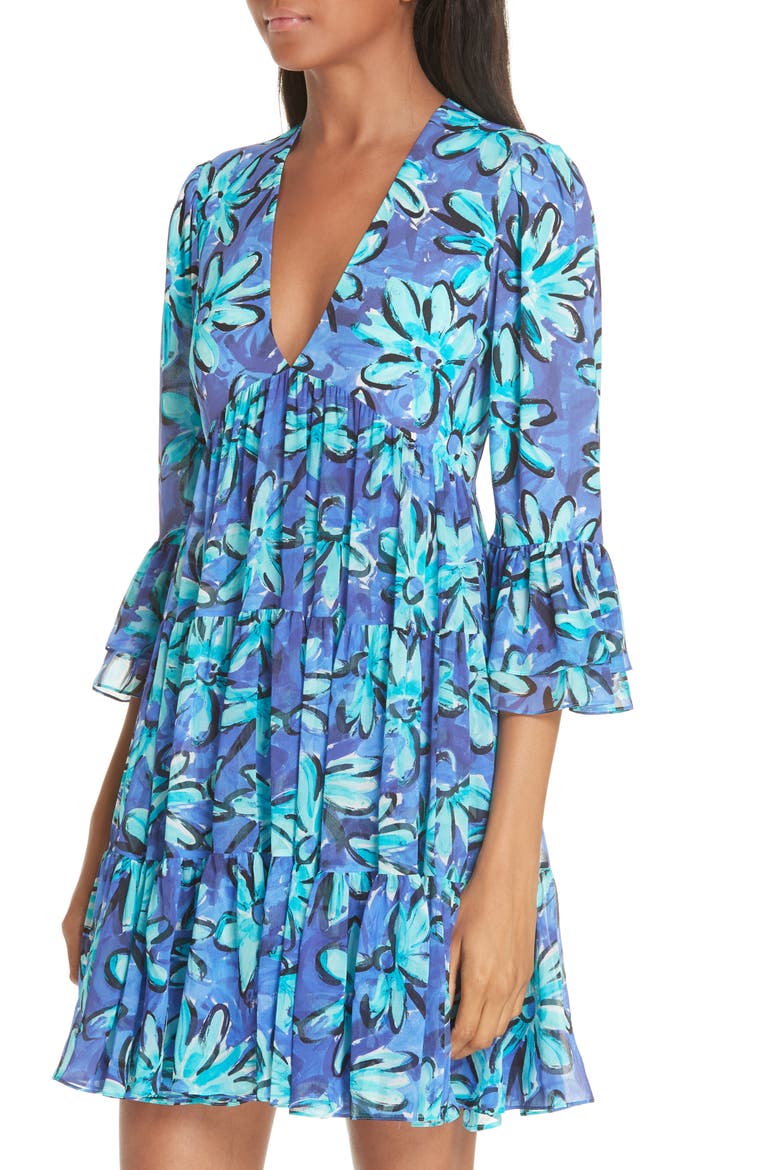 Daisy Print Tiered Silk Georgette Minidress, Alternate, color, TURQUOISE MULTI