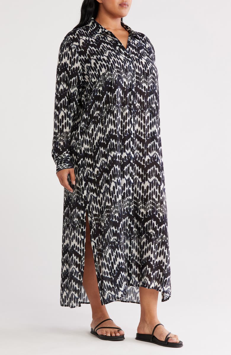 Universal Standard Nailah Longline Button-Up Tunic, Alternate, color, Navy Paint Print