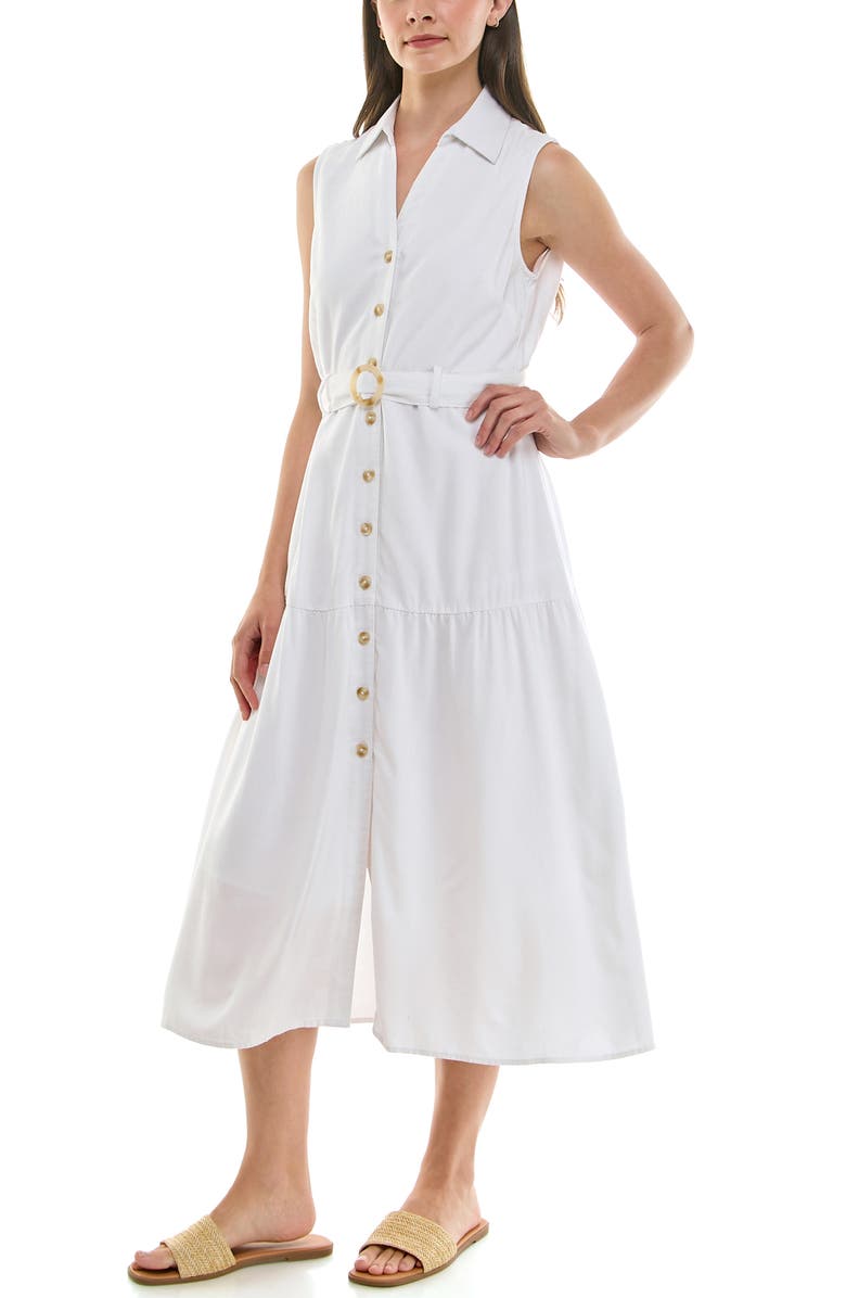 Nicole Miller Sleeveless Belted Linen Shirtdress, Alternate, color, Brilliant White