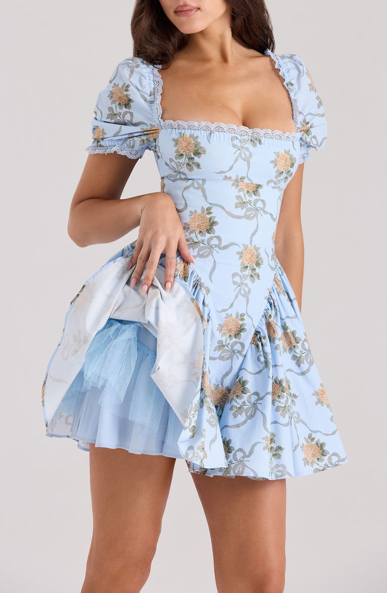 HOUSE OF CB Rosie Puff Sleeve Stretch Cotton Mini Sundress, Alternate, color, Yellow Rose Blue