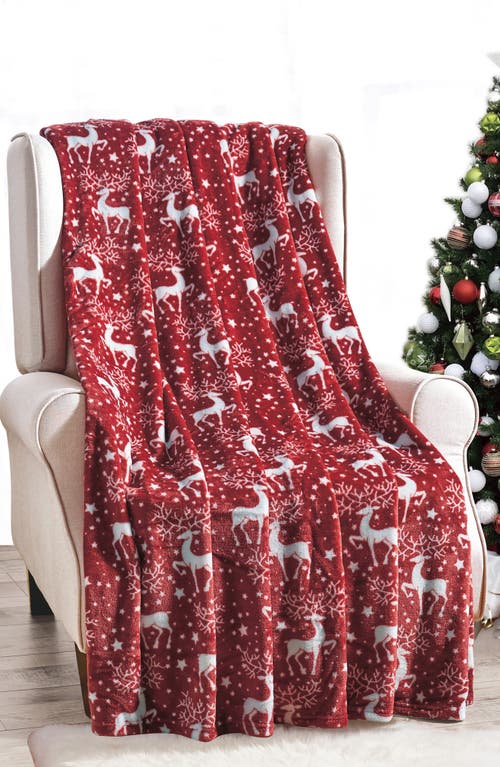 Luxury Home Red Reindeer Plush Fleece Throw Blanket In Red