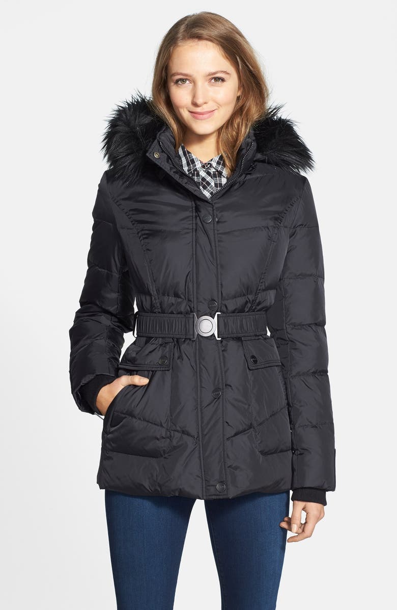 DKNY 'Hayley' Faux Fur Trim Hooded Belted Quilted Jacket, Main, color, 