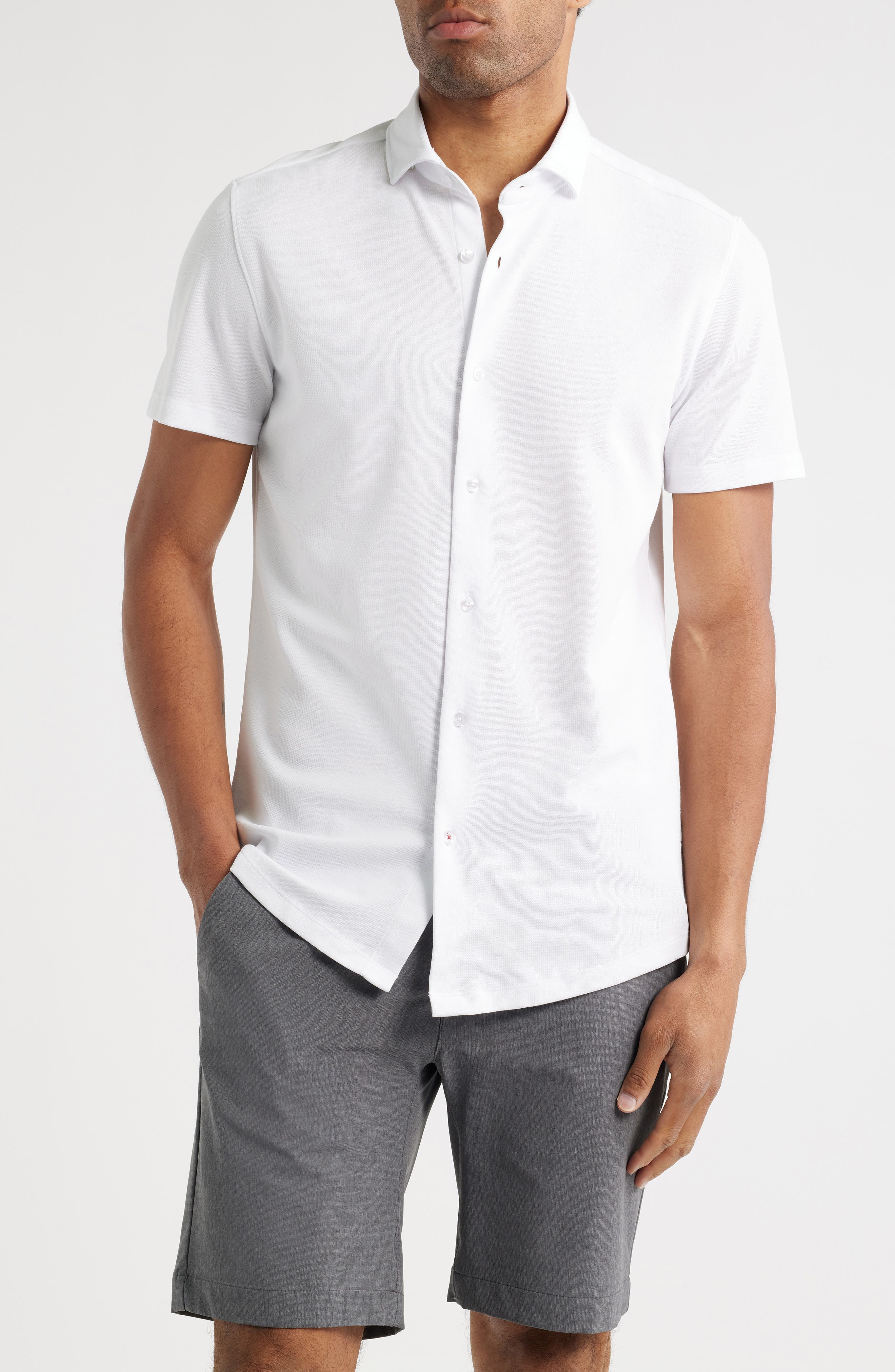 Solid Technical Pique Knit Short Sleeve Button-Up Shirt - image 5