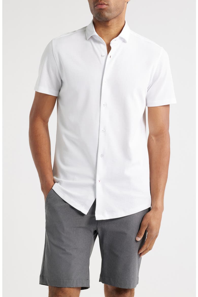 Solid Technical Piqué Knit Short Sleeve Button-Up Shirt, Main, color, WHITE