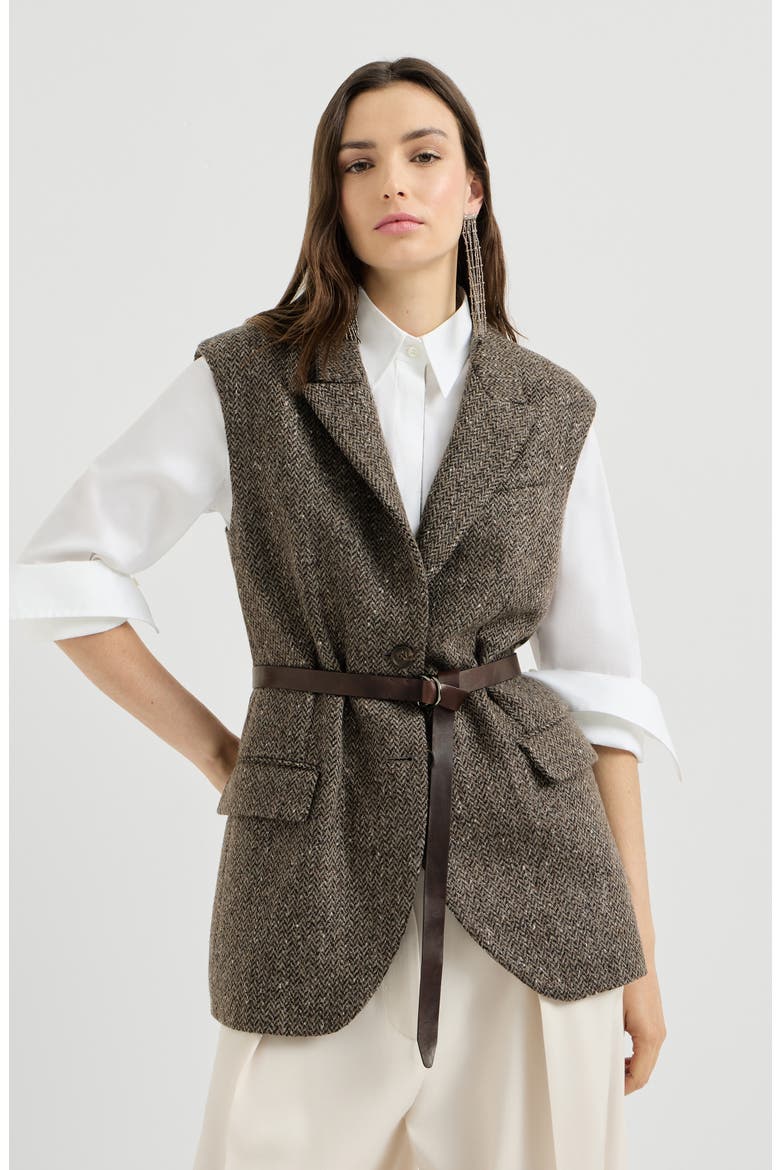 Sparkling virgin wool chevron vest with leather belt and monili, Main, color, Pine Cone Brown