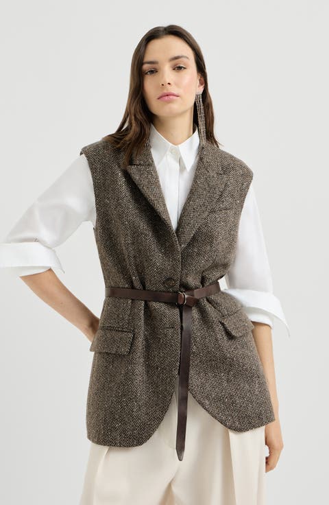 Sparkling virgin wool chevron vest with leather belt and monili