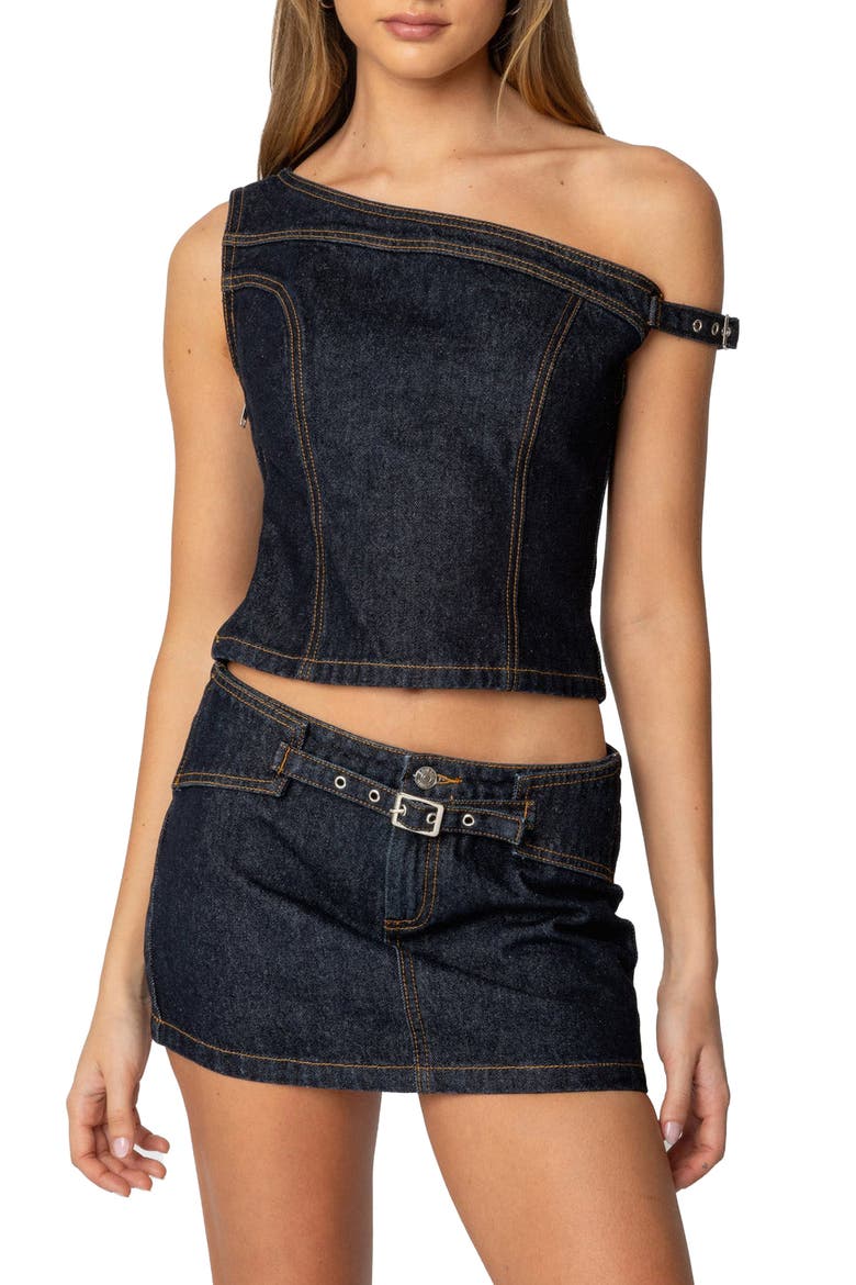 Keira Denim One-Shoulder Top, Main, color, DARK-BLUE