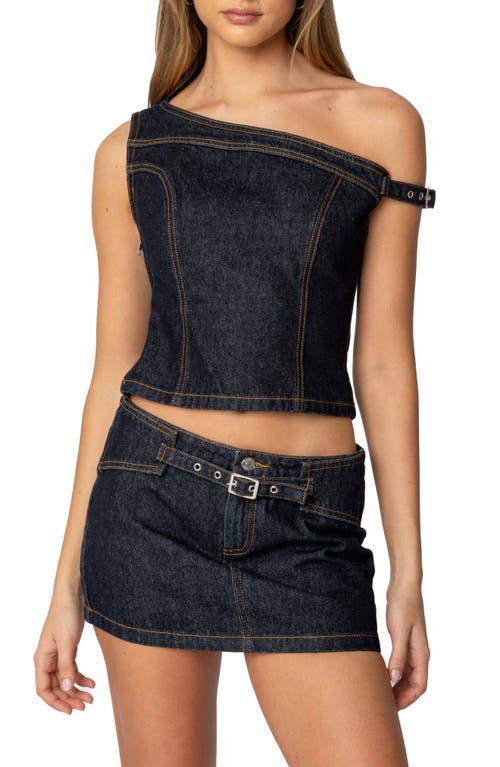 Edikted Keira Denim One-shoulder Top In Dark-blue