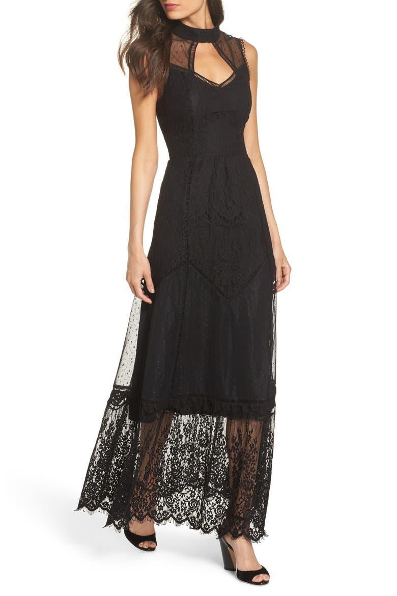 Mixed Lace Gown, Main, color, BLACK