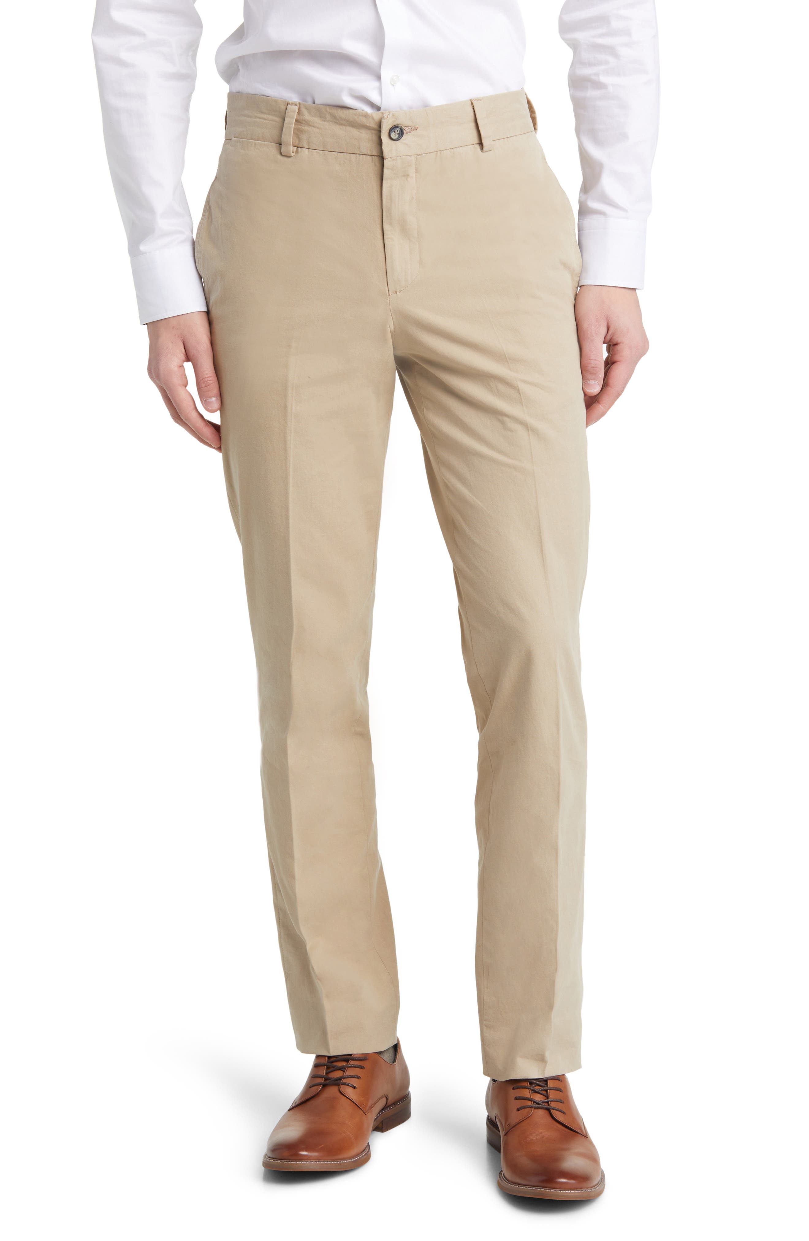 Berle Trim Fit Cotton Poplin Dress Pants in Khaki 
