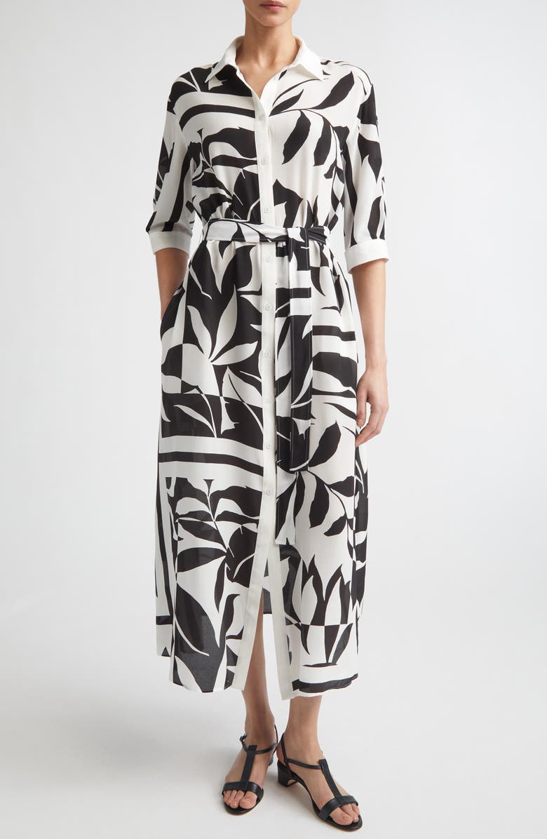 Max Mara Changio Floral Silk Midi Shirtdress, Main, color, Black