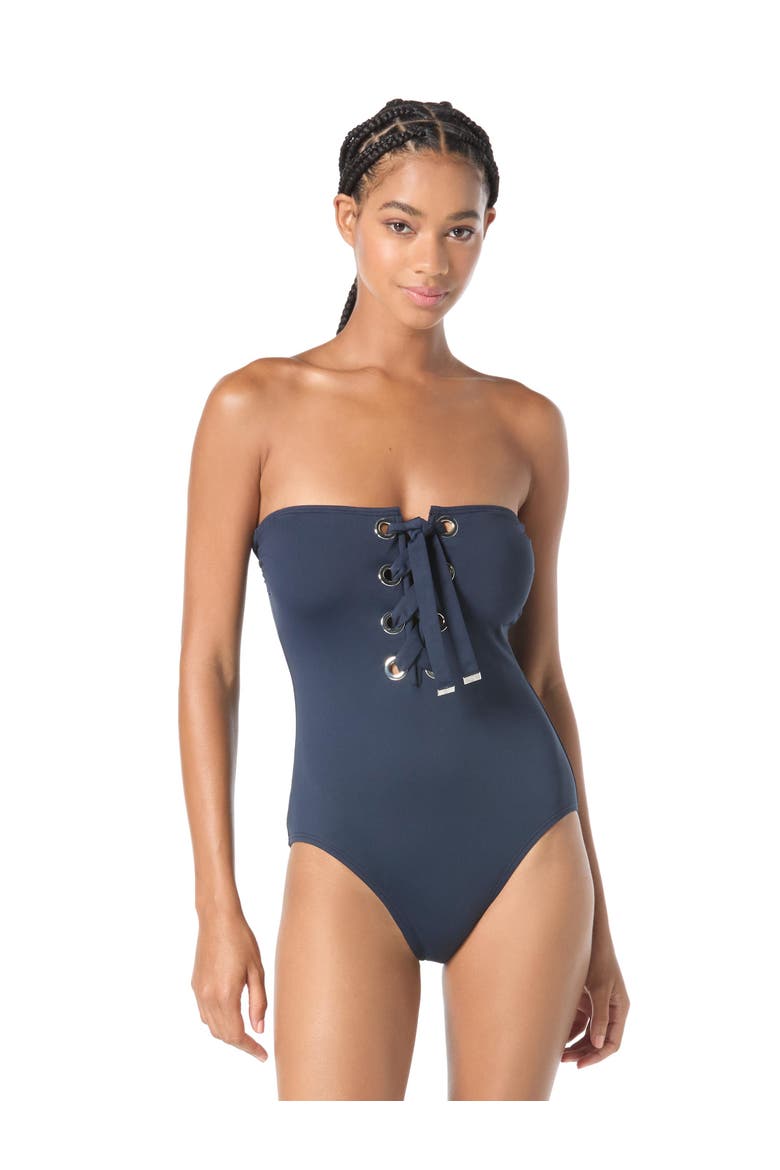 Grommet Solids Bandeau Lace Up One-Piece Swimsuit, Main, color, New Navy
