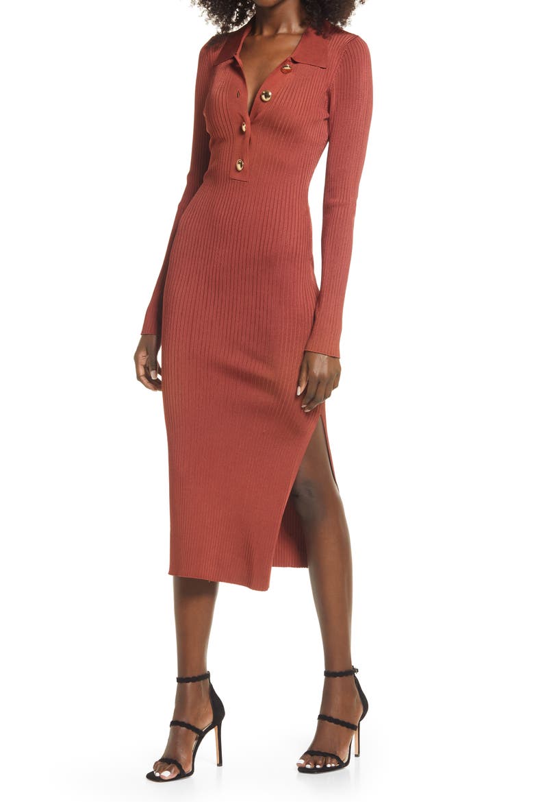 Long Sleeve Polo Midi Dress, Main, color, BRICK001