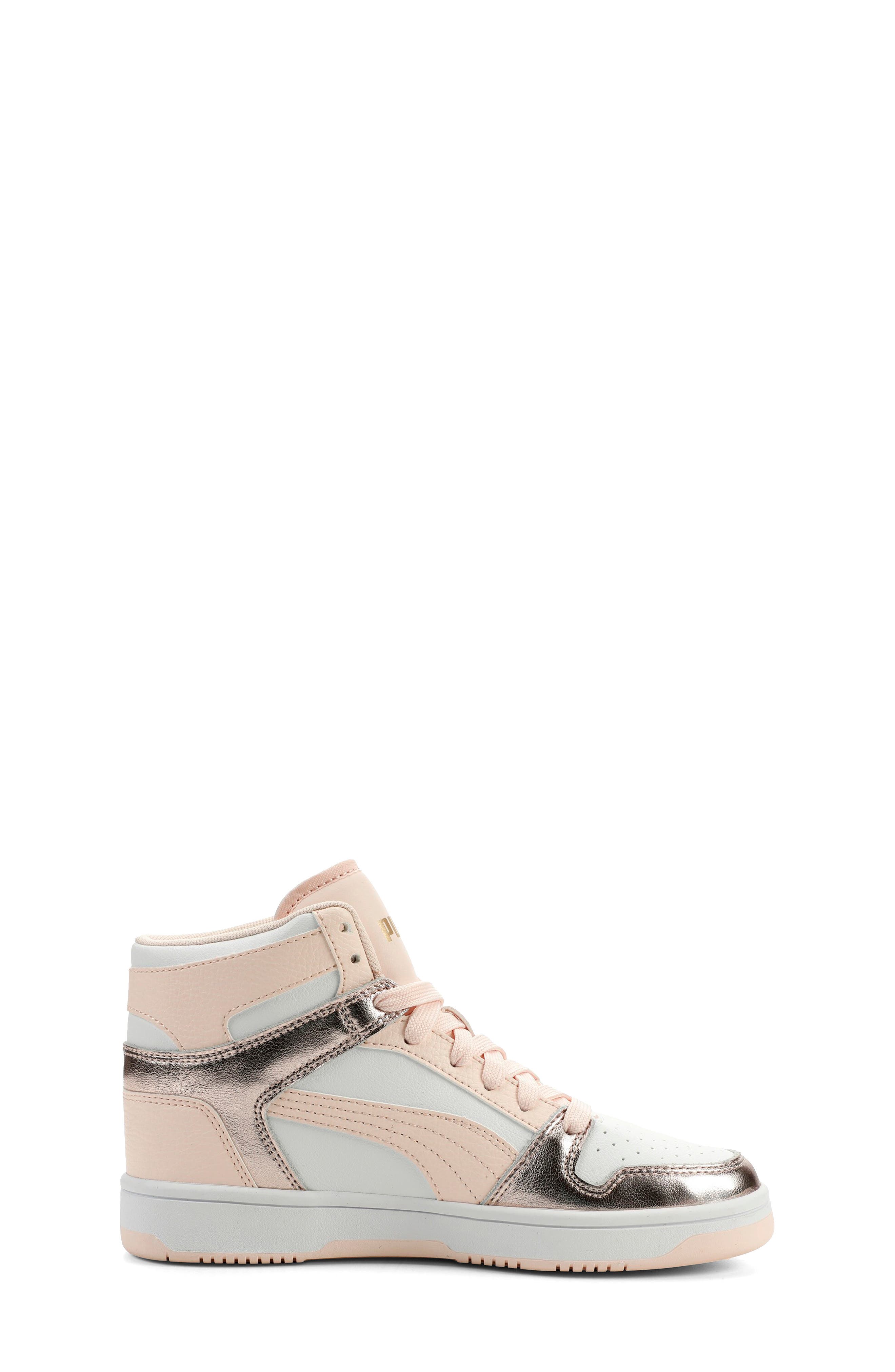 Kids' Rebound Layup High Top Sneaker, Alternate, color, PUMA WHITE-JASMINE FLOWER-GOLD