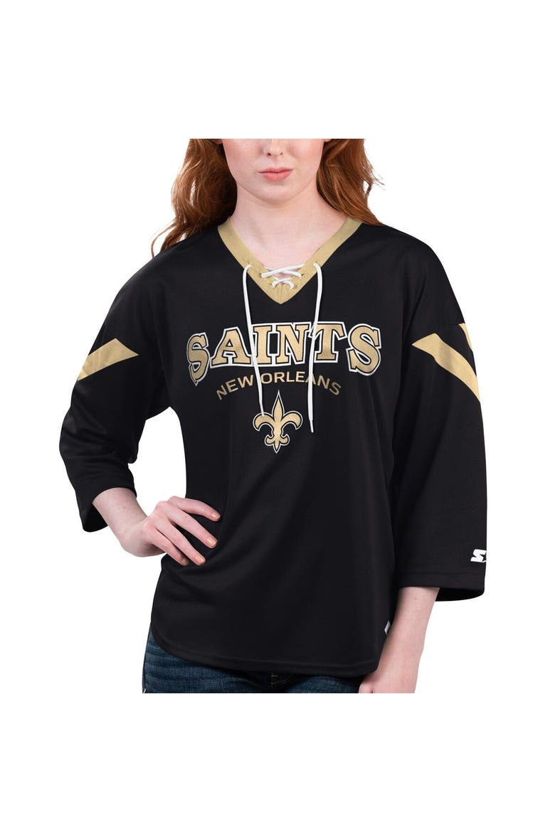 Women's Starter Black New Orleans Saints Rally Lace-Up 3/4 Sleeve T-Shirt, Main, color, Black