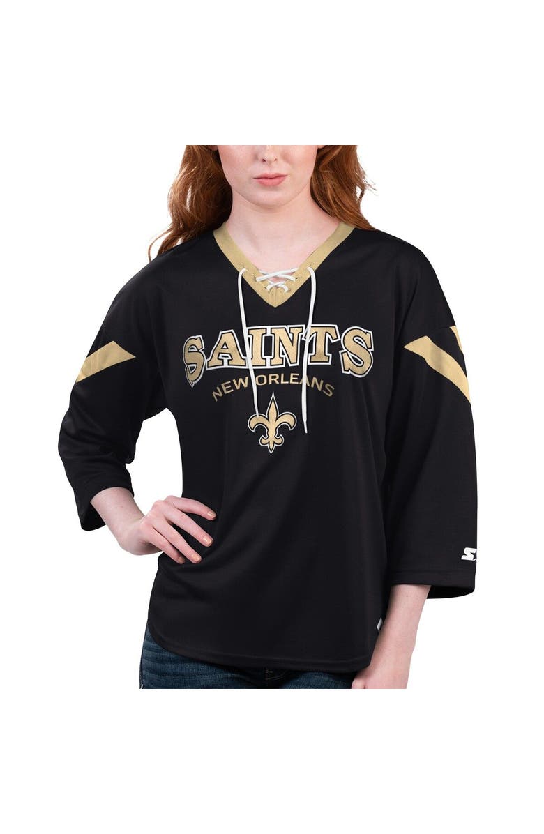STARTER Women's Starter Black New Orleans Saints Rally Lace-Up 3/4 Sleeve T-Shirt, Main, color, Black