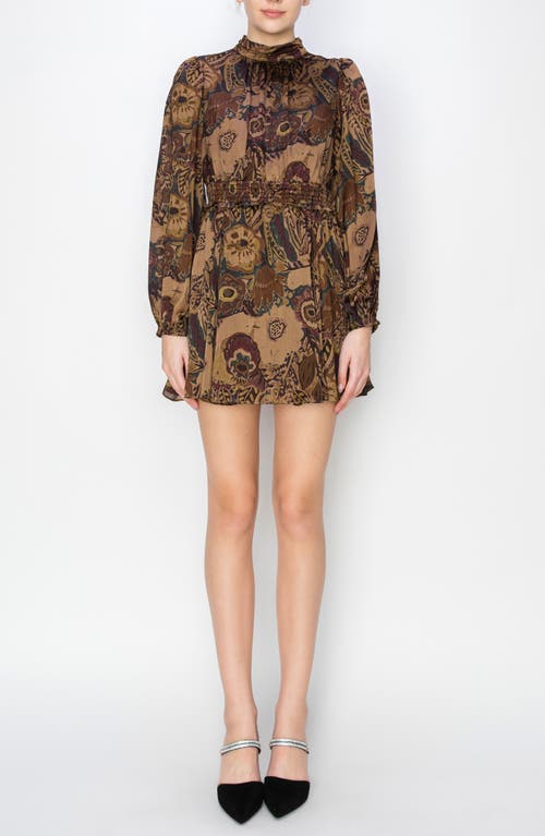 MELLODAY Floral Long Sleeve Minidress in Mocha Multi 