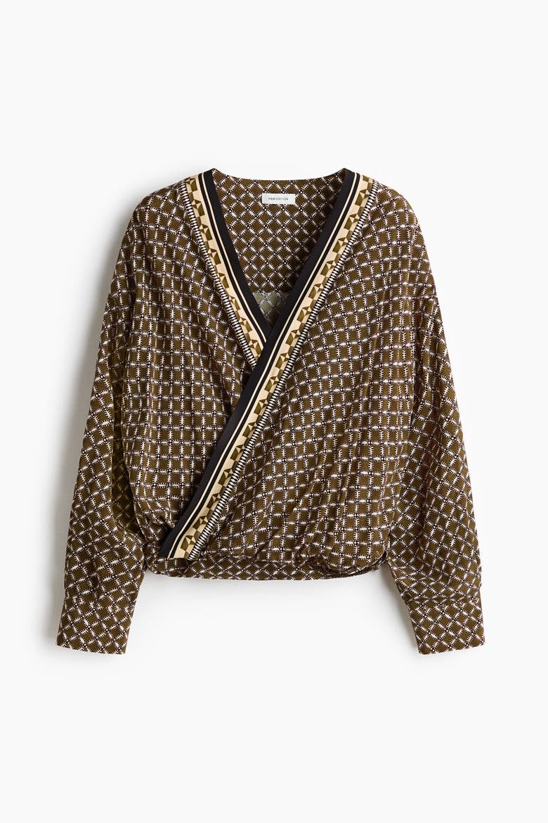 Viscose Wrap Blouse, Alternate, color, Khaki green/patterned