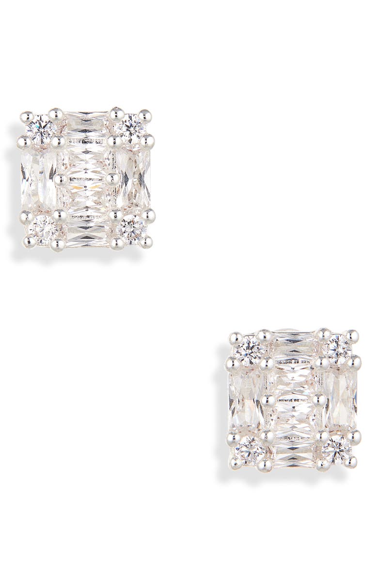 NORDSTROM RACK Cubic Zirconia Square Stud Earrings, Main, color, Clear- Silver