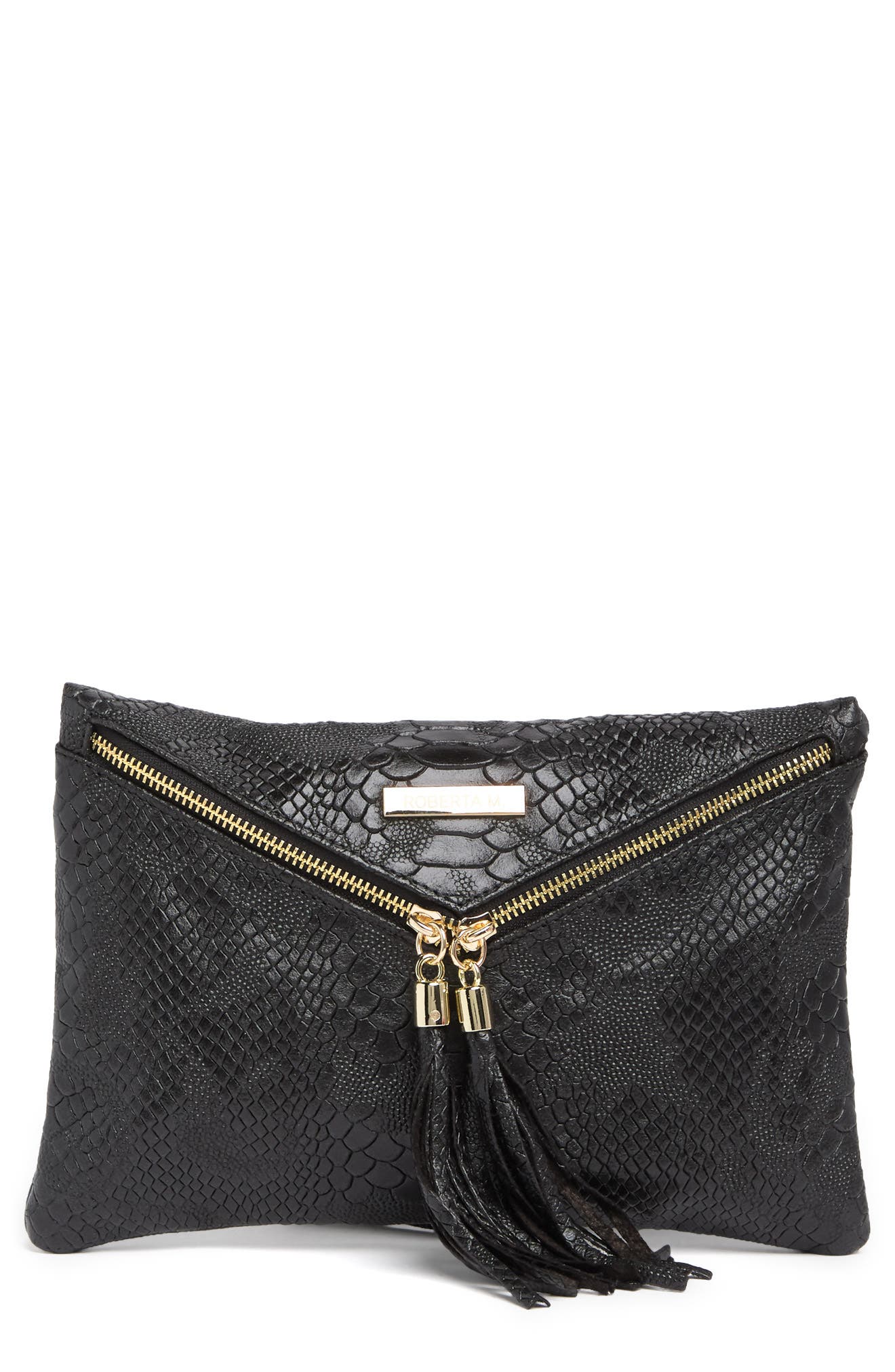Snake Embossed Leather Clutch, Main, color, NERO