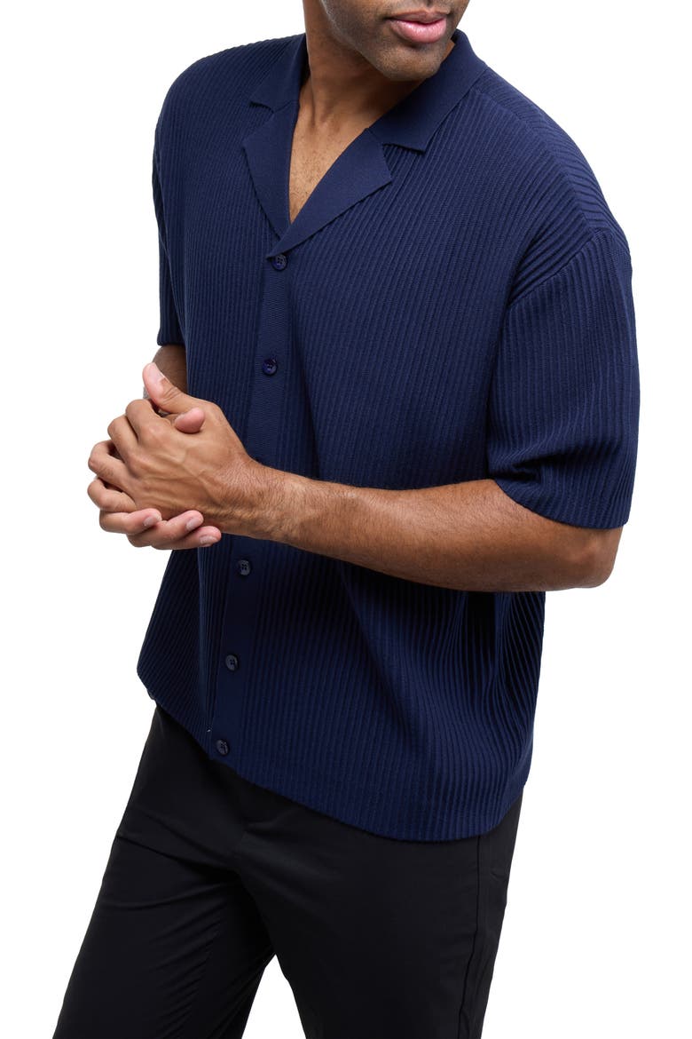 Ribbed Knit Camp Shirt, Alternate, color, NAVY