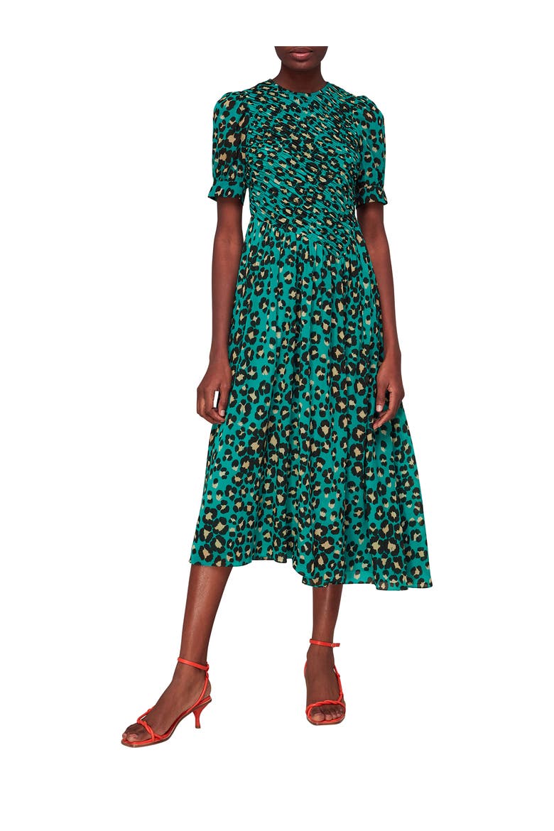 Painted Leopard Shirred Dress, Main, color, Green/Multi