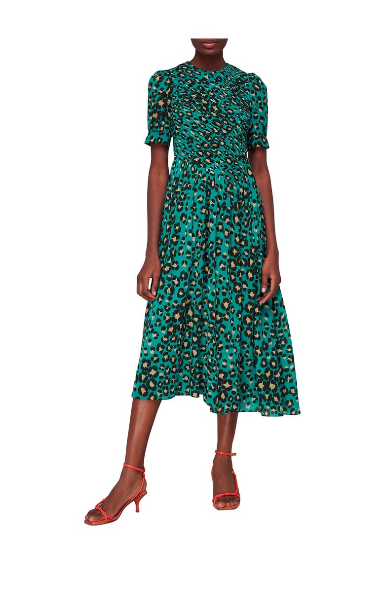 Whistles Painted Leopard Shirred Dress, Main, color, Green/Multi
