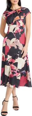 Maggy London Floral Cap Sleeve A-Line Midi Dress