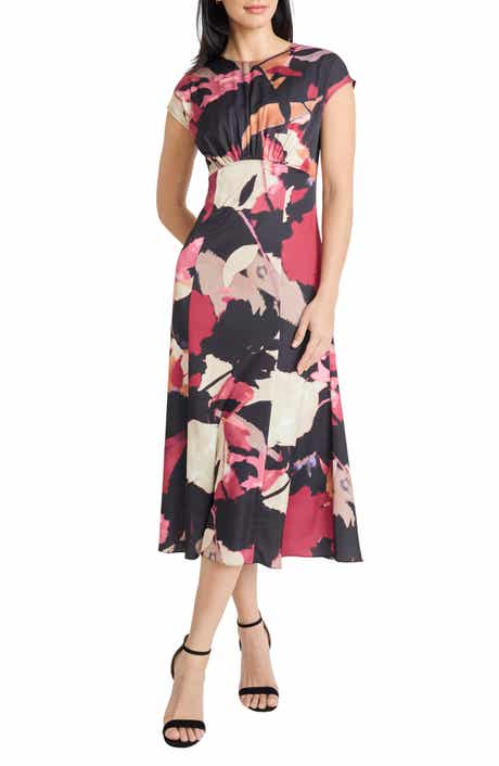 Maggy London Floral Cap Sleeve A-Line Midi Dress