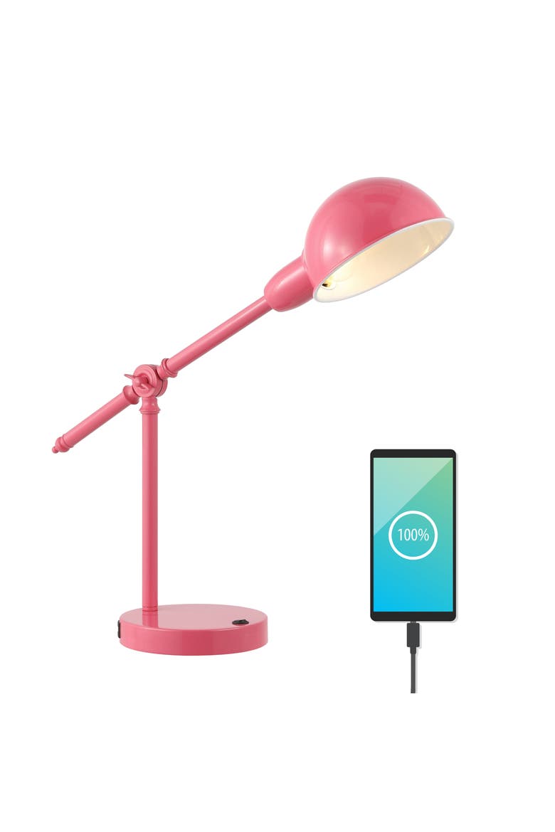 Curtis Vintage Industrial Iron Adjustable Dome Shade LED Task Lamp with USB Charging Port, Main, color, Pink