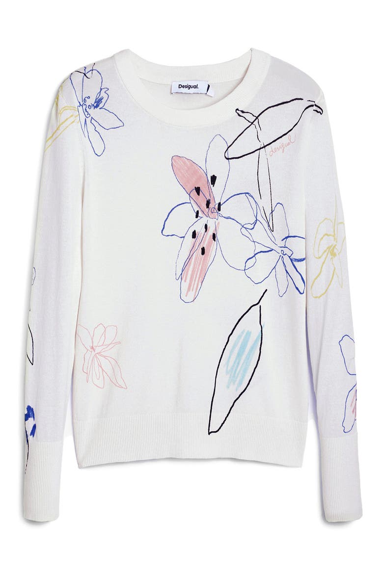 Floral Crewneck Sweater, Alternate, color, WHITE