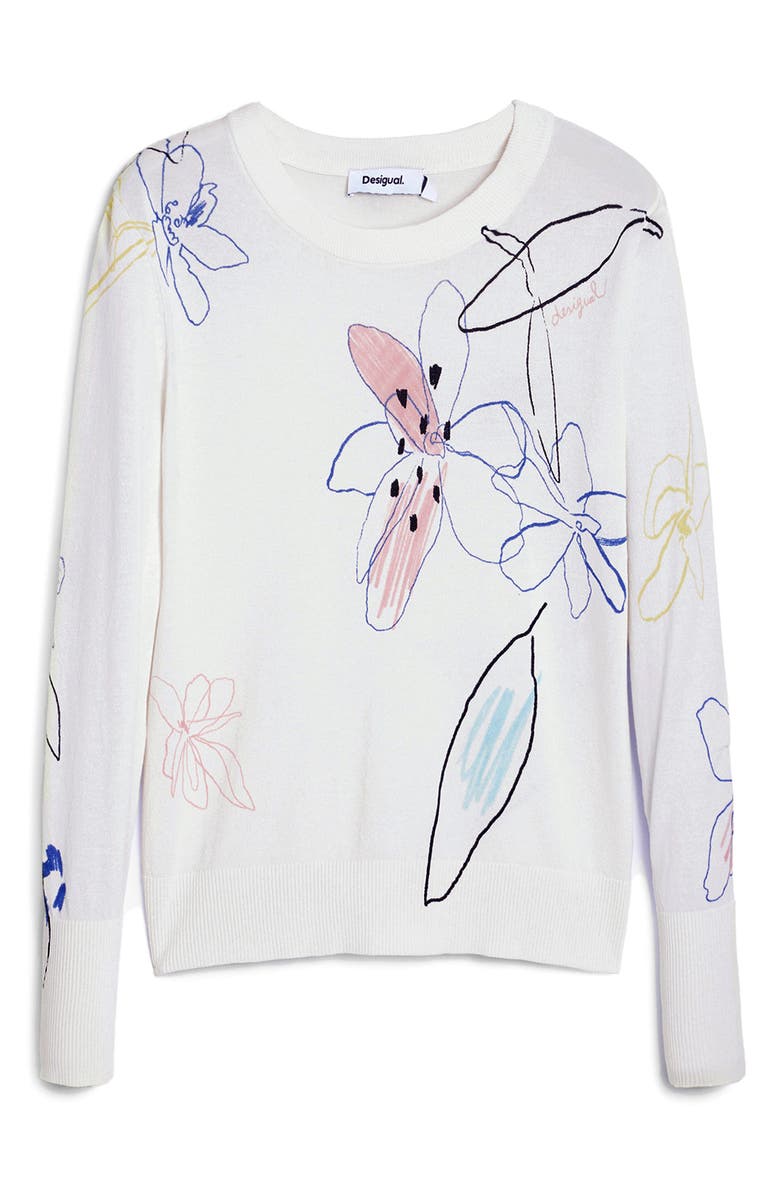 Desigual Floral Crewneck Sweater, Alternate, color, White