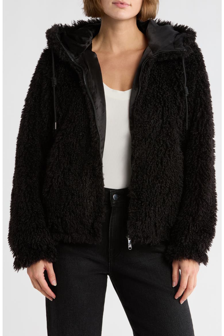 Teddy Faux Shearling Hooded Jacket, Main, color, BLACK