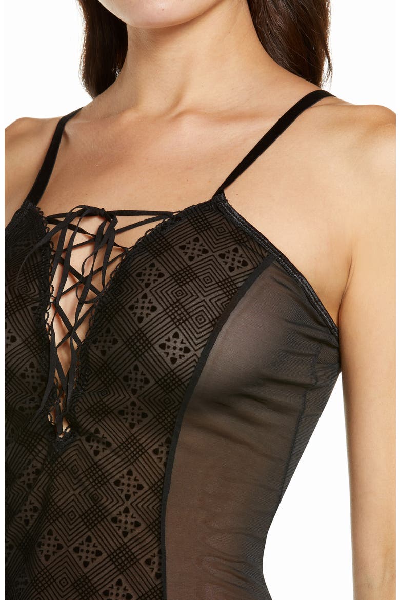 Lace & Mesh Babydoll Chemise, Alternate, color, BLACK