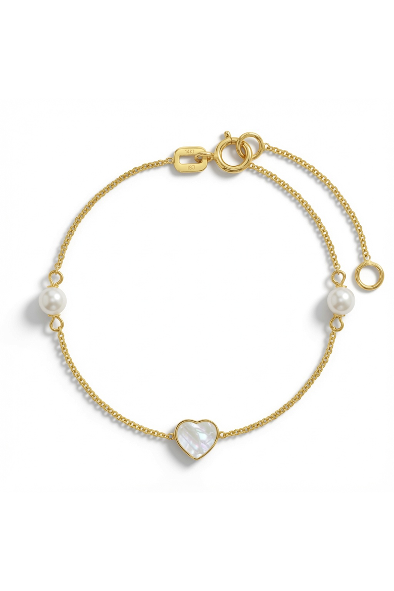 14k Mother of Pearl Heart & Pearls Bracelet, Main, color, White