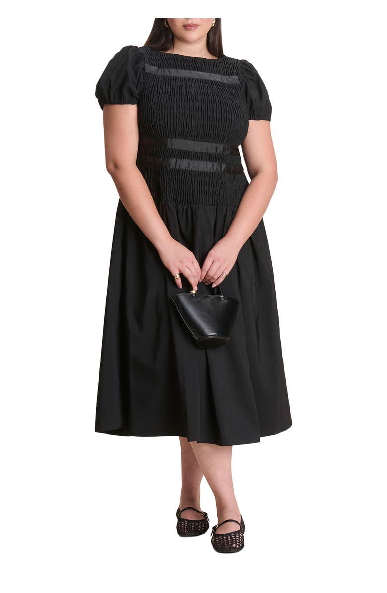 ELOQUII Smocked Flare Midi Dress, Main, color, Black Onyx