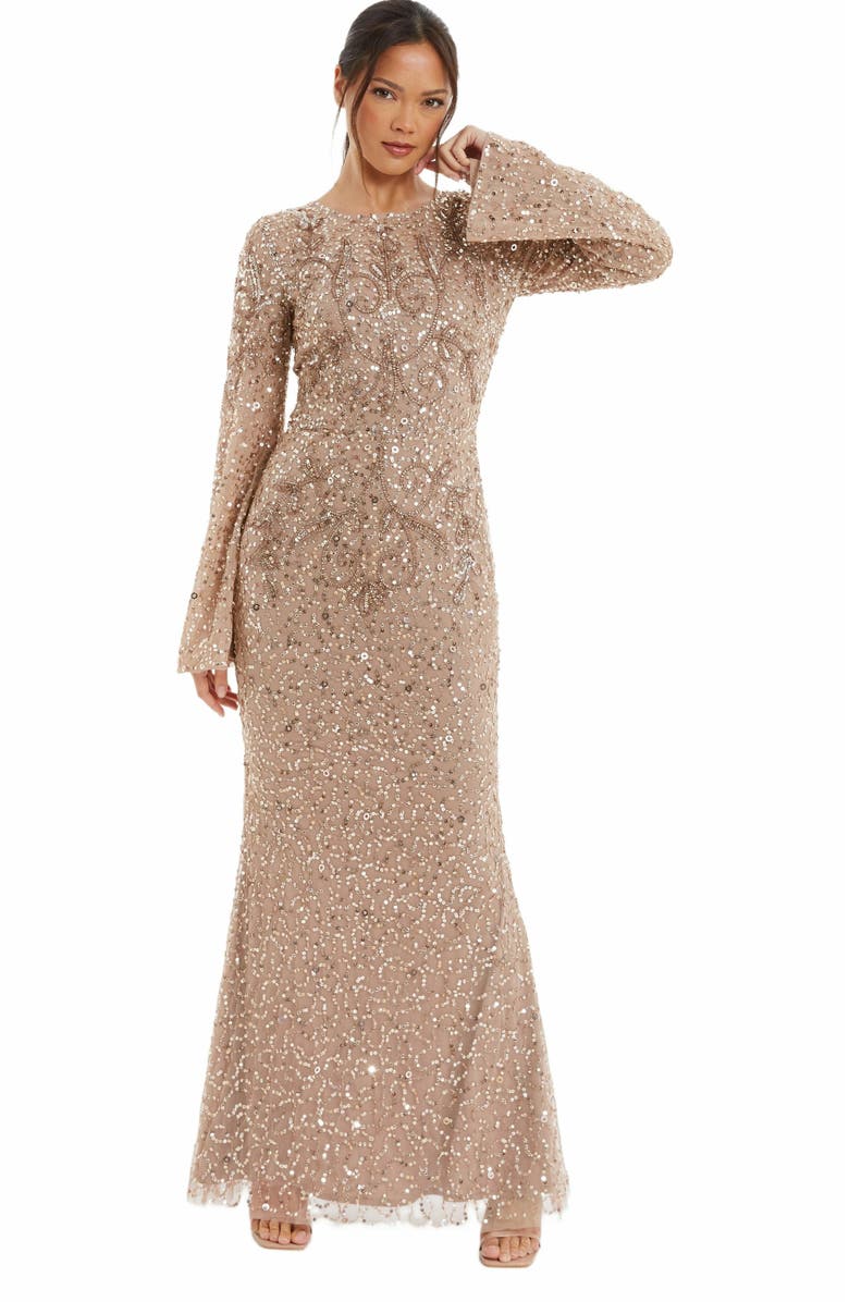 QUIZ Embellished Flutter Sleeve Evening Dress, Main, color, 
