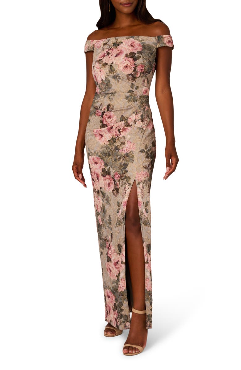 Adrianna Papell Metalasse Off the Shoulder Stretch Column Gown, Main, color, 