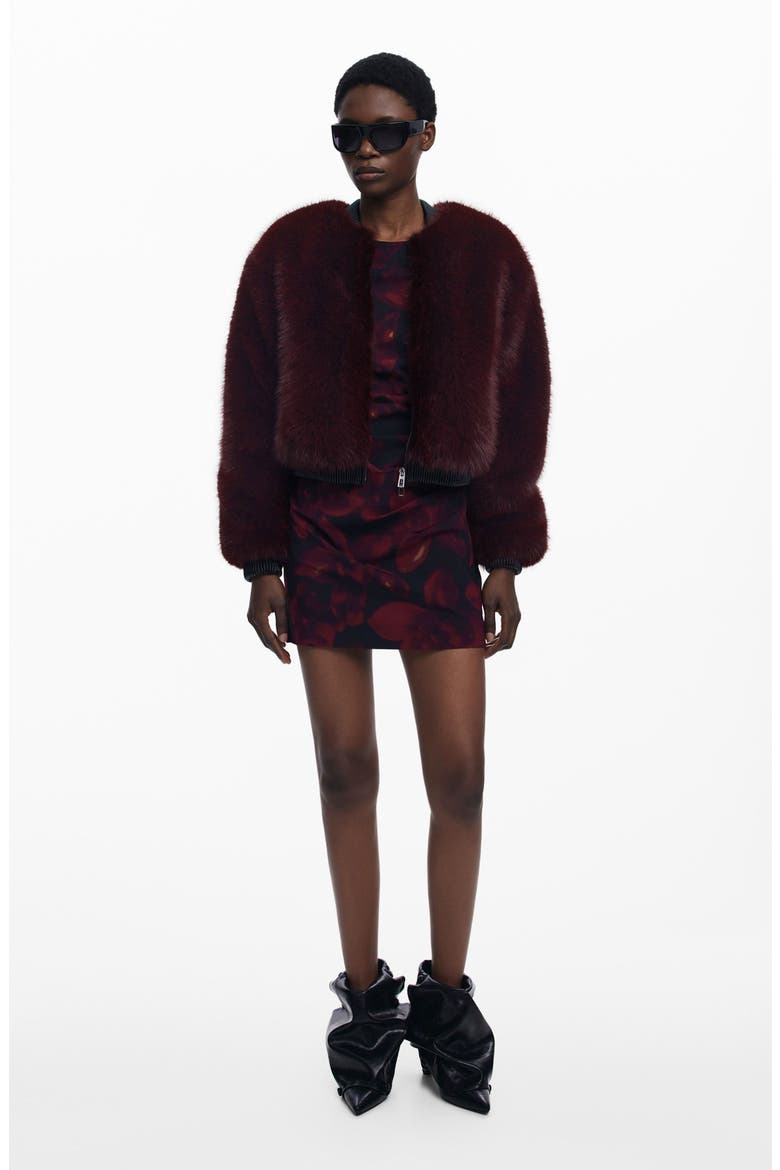 Faux Fur Bomber Jacket, Alternate, color, BURGUNDY