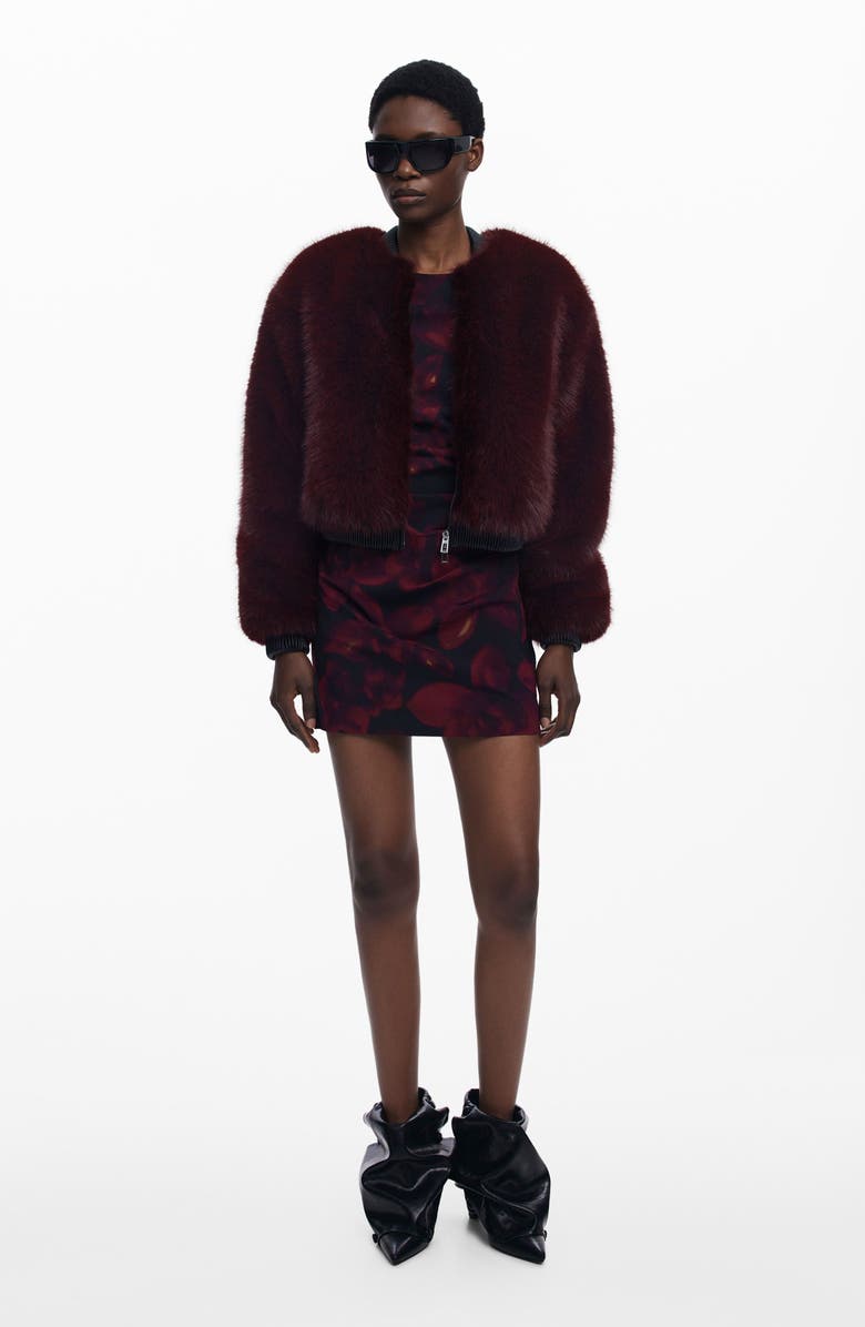 Desigual Faux Fur Bomber Jacket, Alternate, color, Burgundy