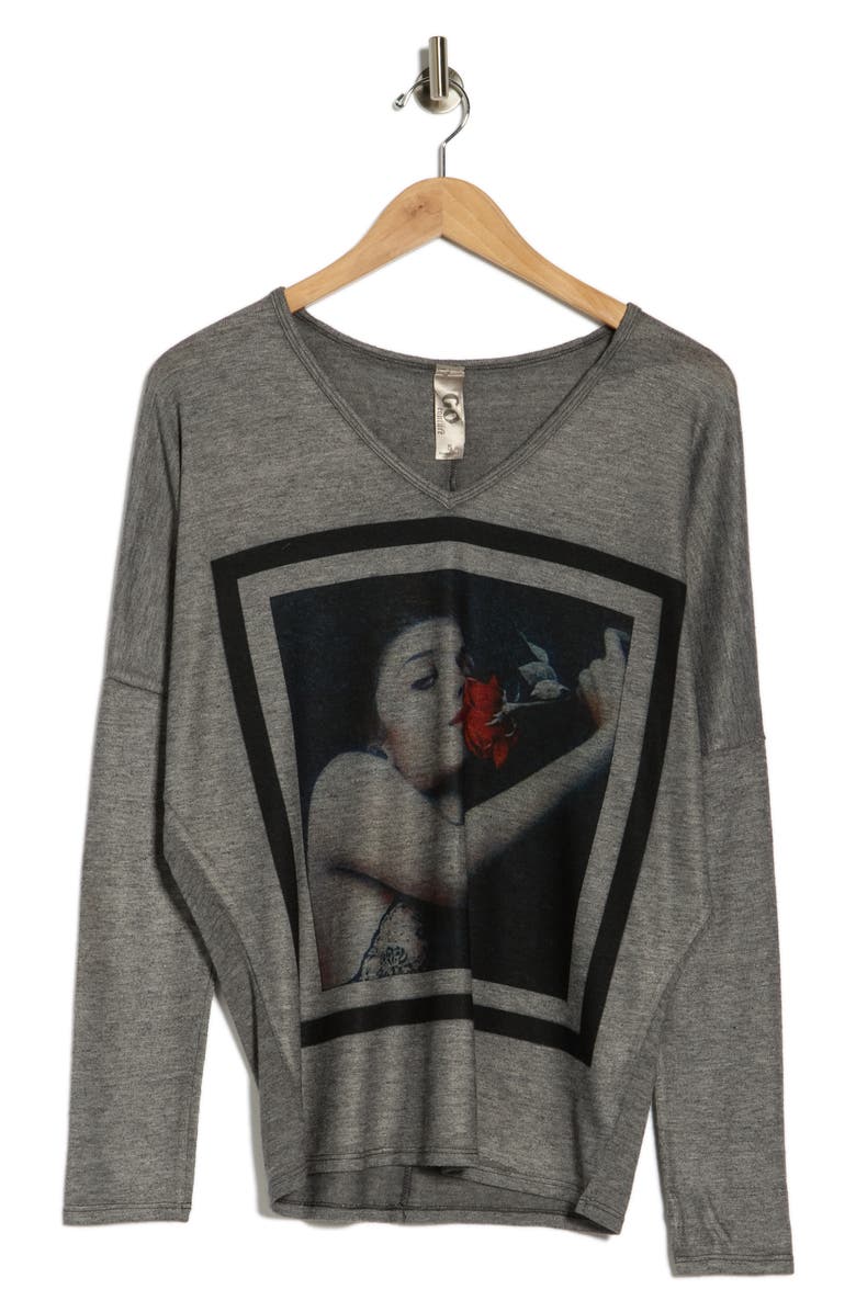 GO COUTURE Romantic Rose Graphic Sweater, Alternate, color, Charcoal Print