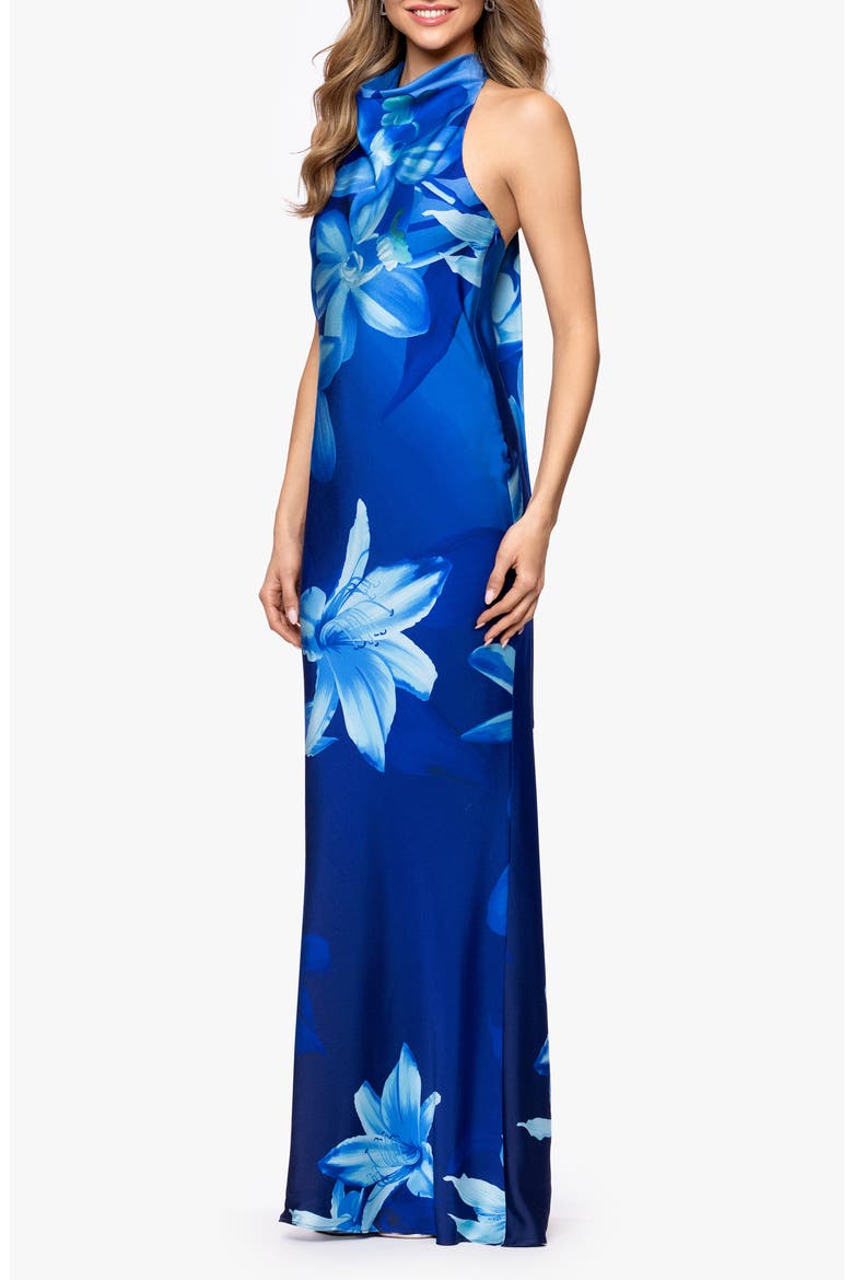Floral Halter Neck Hammered Satin Gown, Alternate, color, BLUE/ MULTI