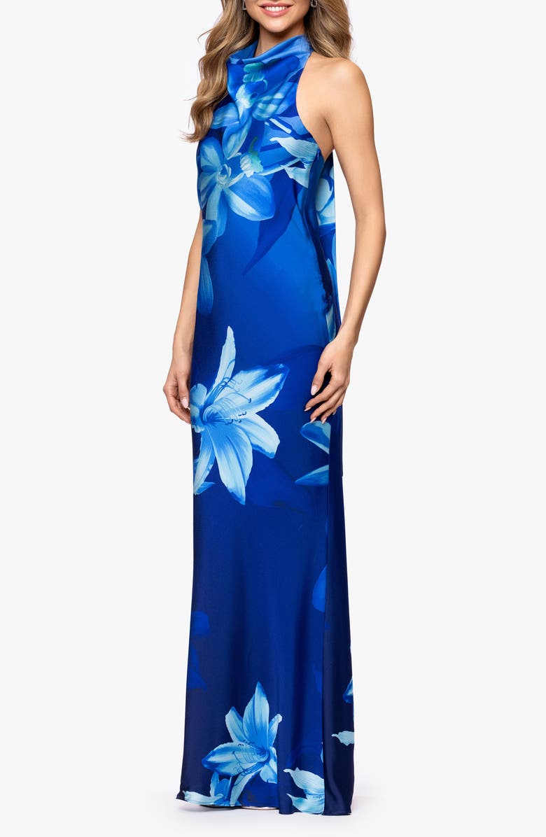 Betsy & Adam Floral Halter Neck Hammered Satin Gown, Alternate, color, Blue/ Multi