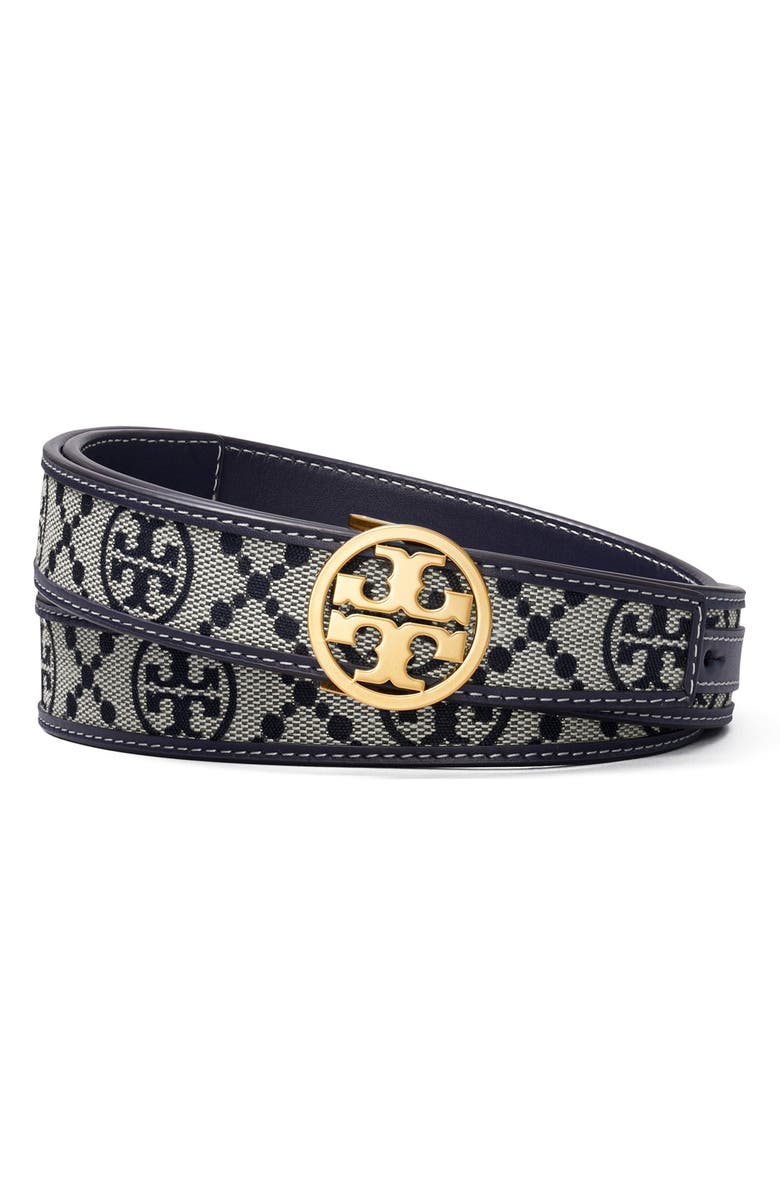 Tory Burch Miller T Monogram Jacquard & Leather Belt, Main, color, Tory Navy