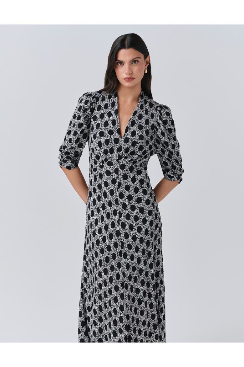 Mia Crepe Polka Dot Midi Tea Dress, Alternate, color, Black Spot Floral