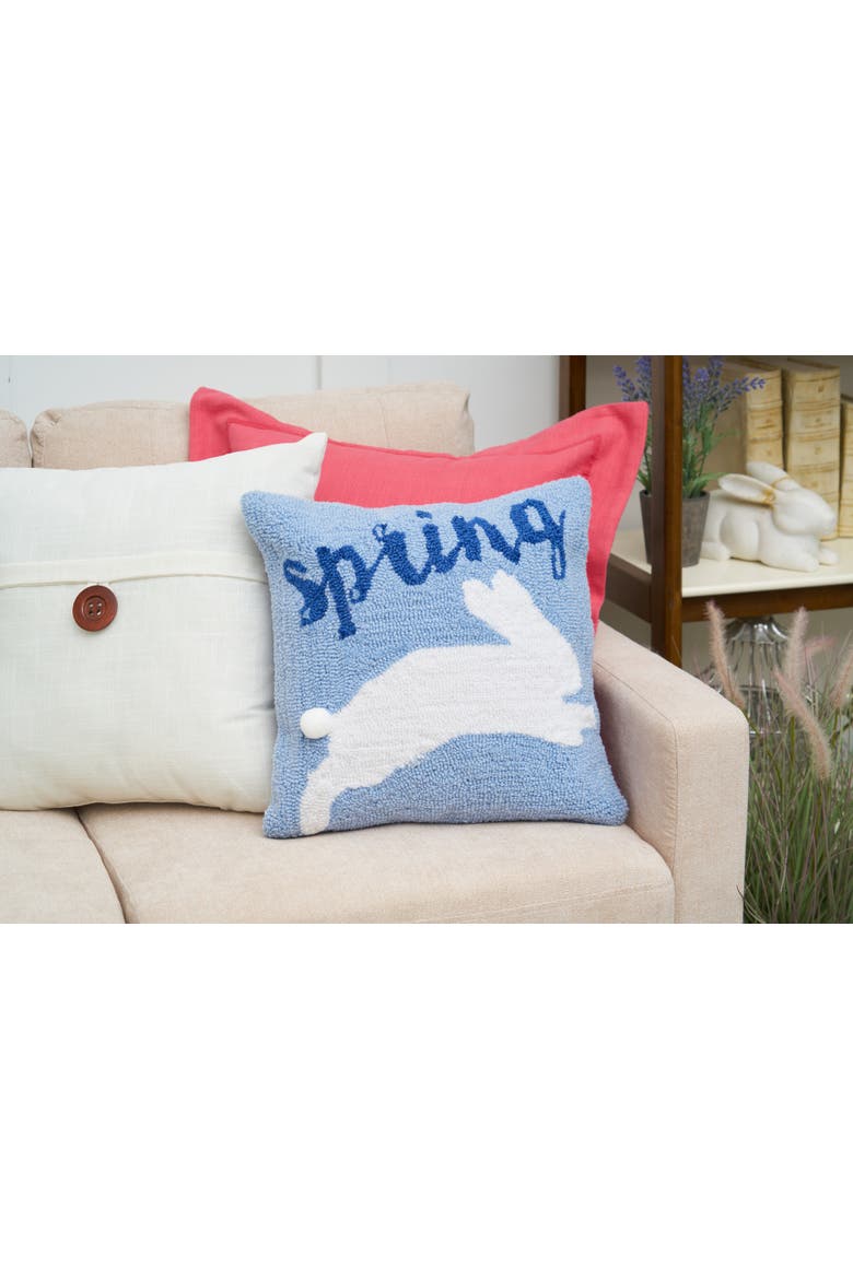 "Spring" Jumping Easter Bunny Rabbit Blue Hooked Accent Throw Pillow 16" x 16", Alternate, color, Blue